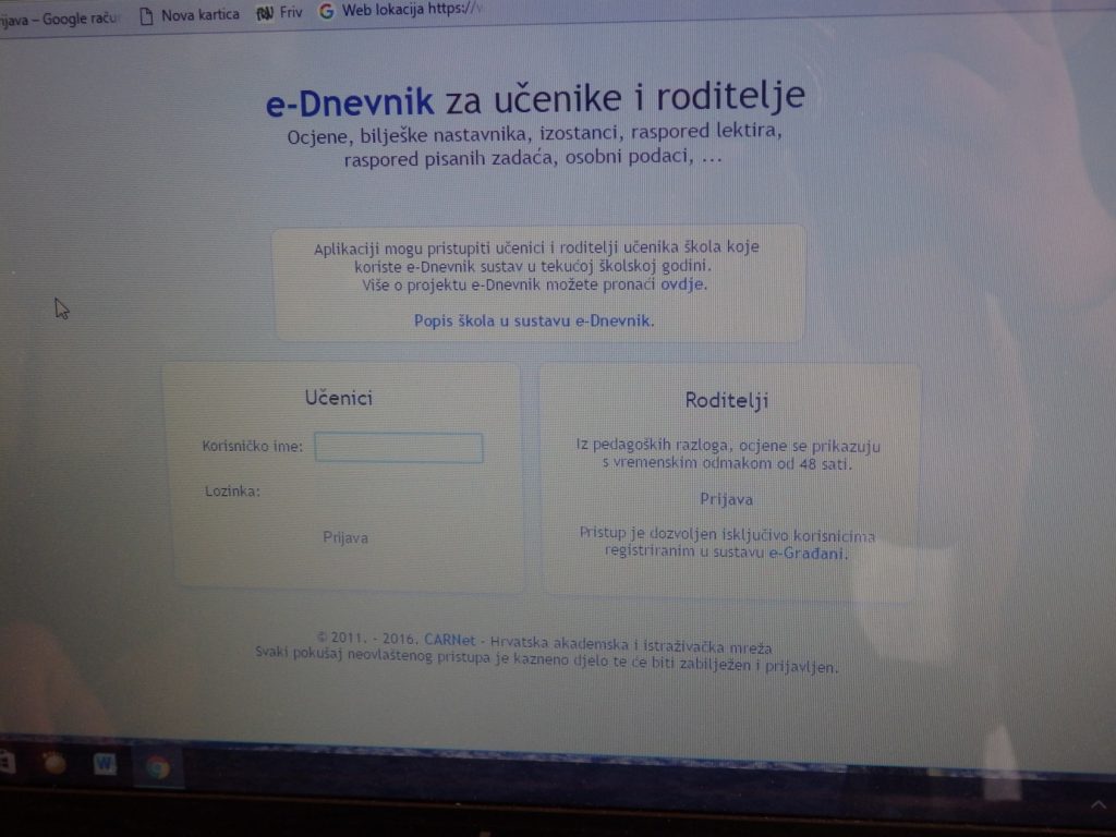 Početna stranica e-dnevnika za učenike i roditelje